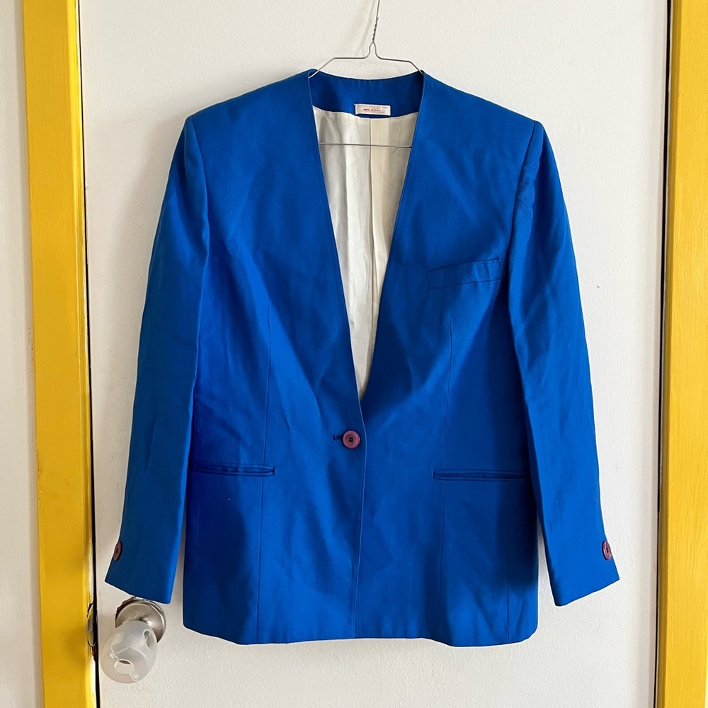 Primary blue mid length linen blazer